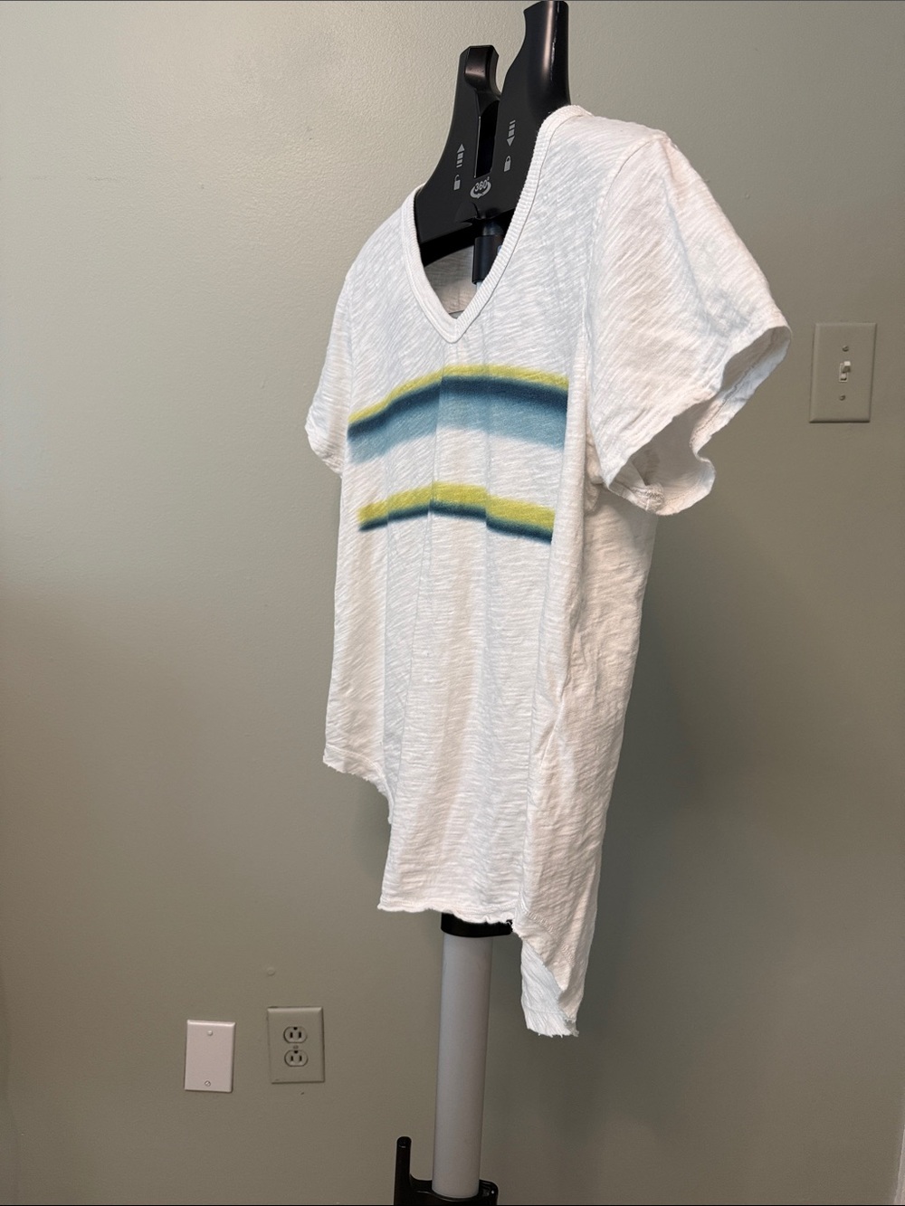 Women's White V-Neck Tee with Blue and Yellow Stripe - Picture 2 of 4